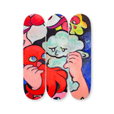 VEXX ‘The Life of the Party’ Original Triptych #6 featuring hand-painted skate decks with a red octopus-like character, a pensive green cloud figure, and expressive hands set against a dark blue background.
