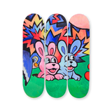 VEXX ‘The Life of the Party’ Original Triptych #7 featuring hand-painted skate decks with a playful scene of pink and blue cartoon rabbits on green grass, set against bold, zigzag explosions and a pastel sky.