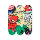 VEXX ‘The Life of the Party’ Original Triptych #8 featuring hand-painted skate decks with a red devil-like character, a winged ram with curled horns, and grassy foreground details against a vibrant backdrop.