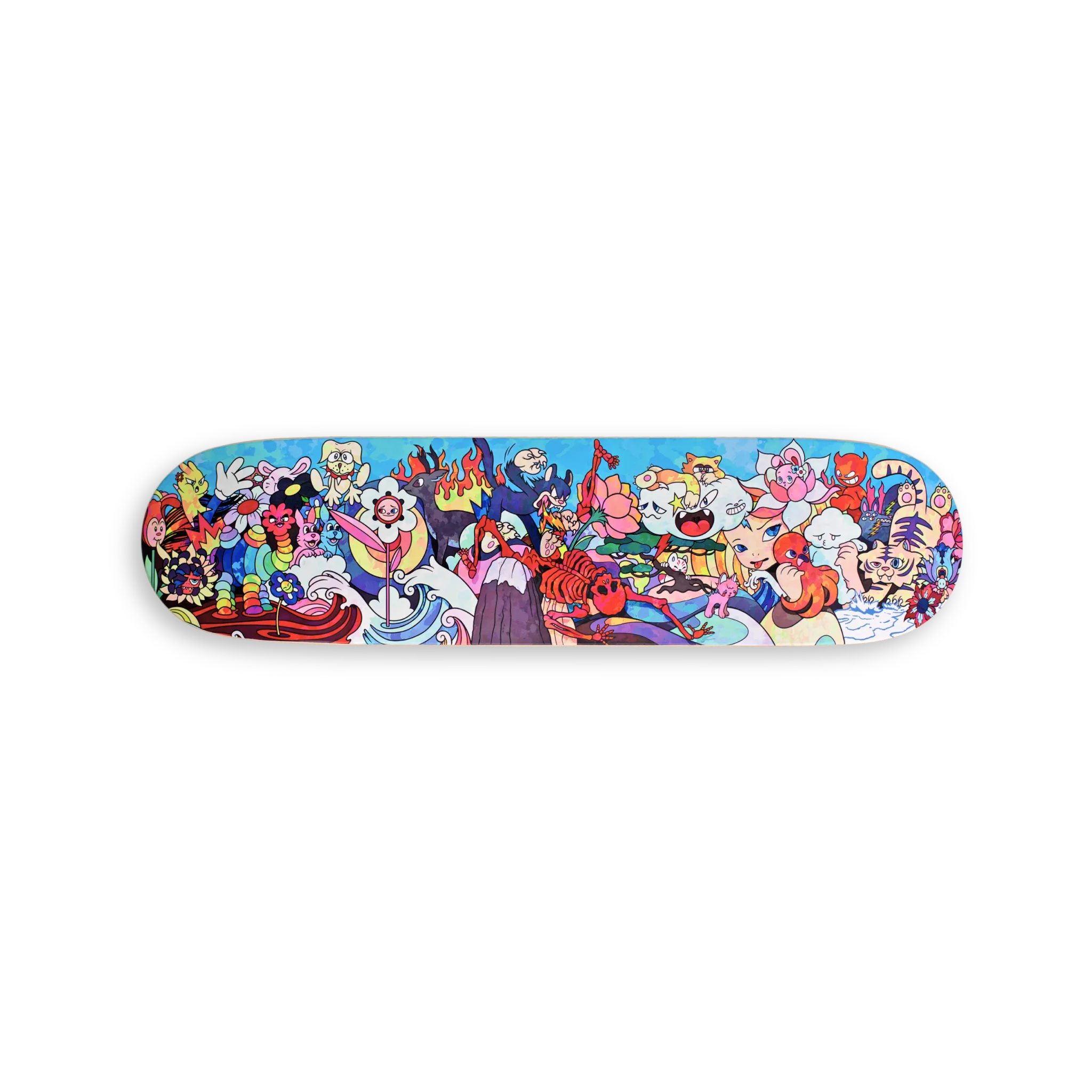 Front view of the horizontal VEXX ‘Solo’ skateboard deck featuring a vibrant, full-color artwork with surreal cartoon characters on a blue background.