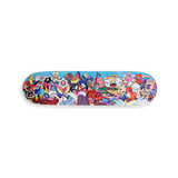 Front view of the horizontal VEXX ‘Solo’ skateboard deck featuring a vibrant, full-color artwork with surreal cartoon characters on a blue background.
