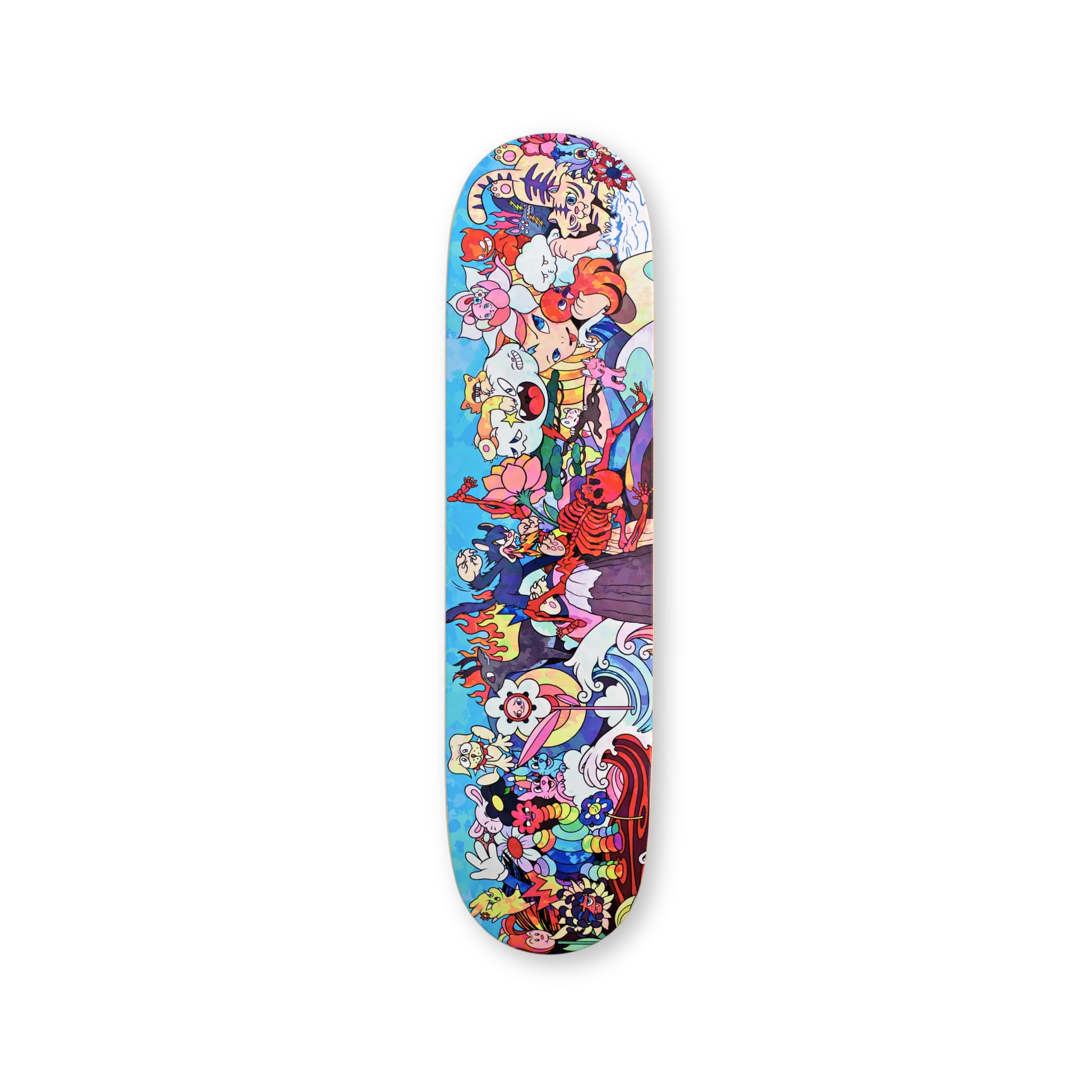 Front view of the VEXX ‘Solo’ skateboard deck featuring a vibrant, full-color artwork with surreal cartoon characters on a blue background.