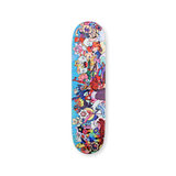 Front view of the VEXX ‘Solo’ skateboard deck featuring a vibrant, full-color artwork with surreal cartoon characters on a blue background.