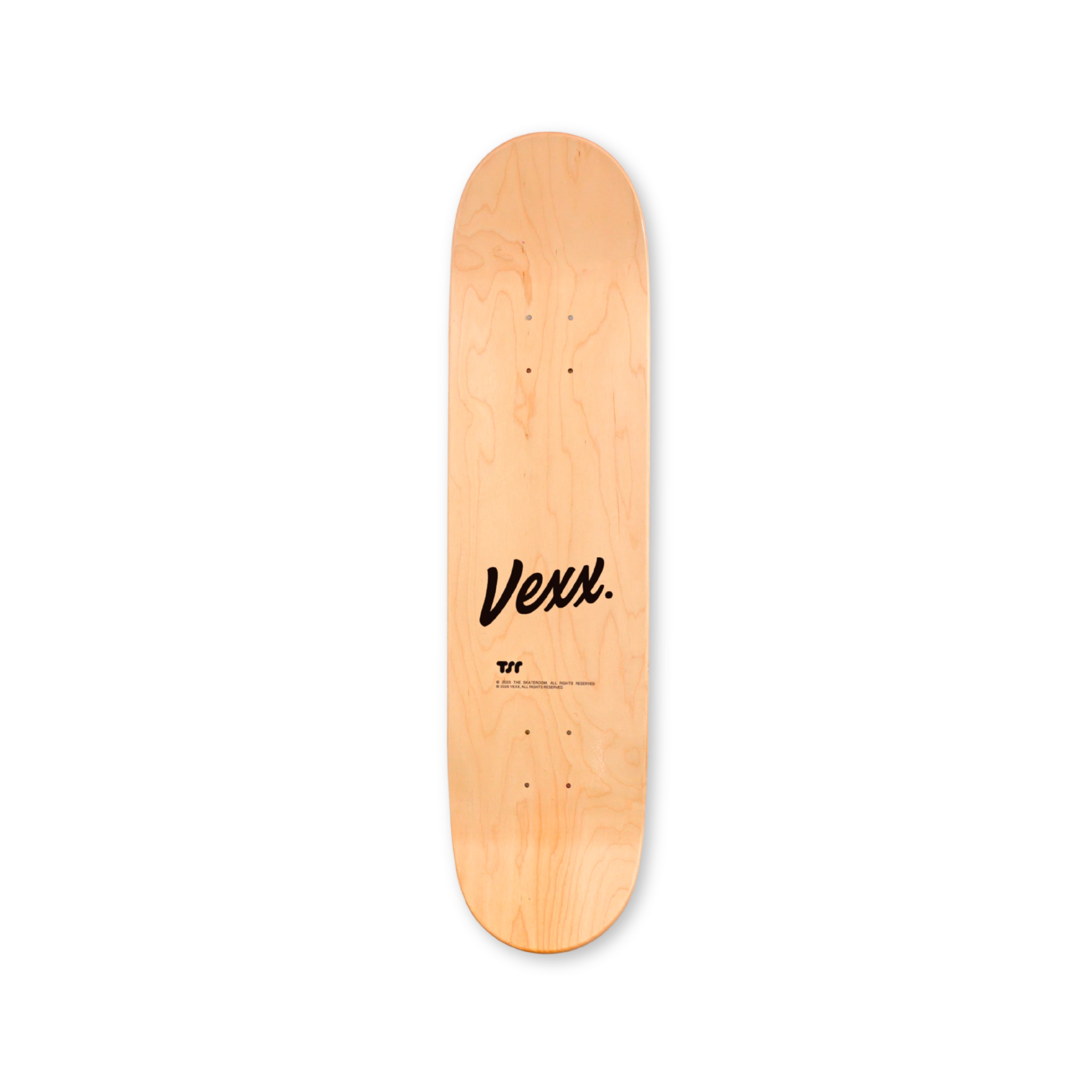 Top view of natural maple skate deck featuring ‘Vexx.’ signature and THE SKATEROOM logo in black.