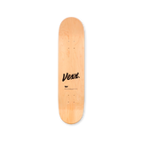 Top view of natural maple skate deck featuring ‘Vexx.’ signature and THE SKATEROOM logo in black.