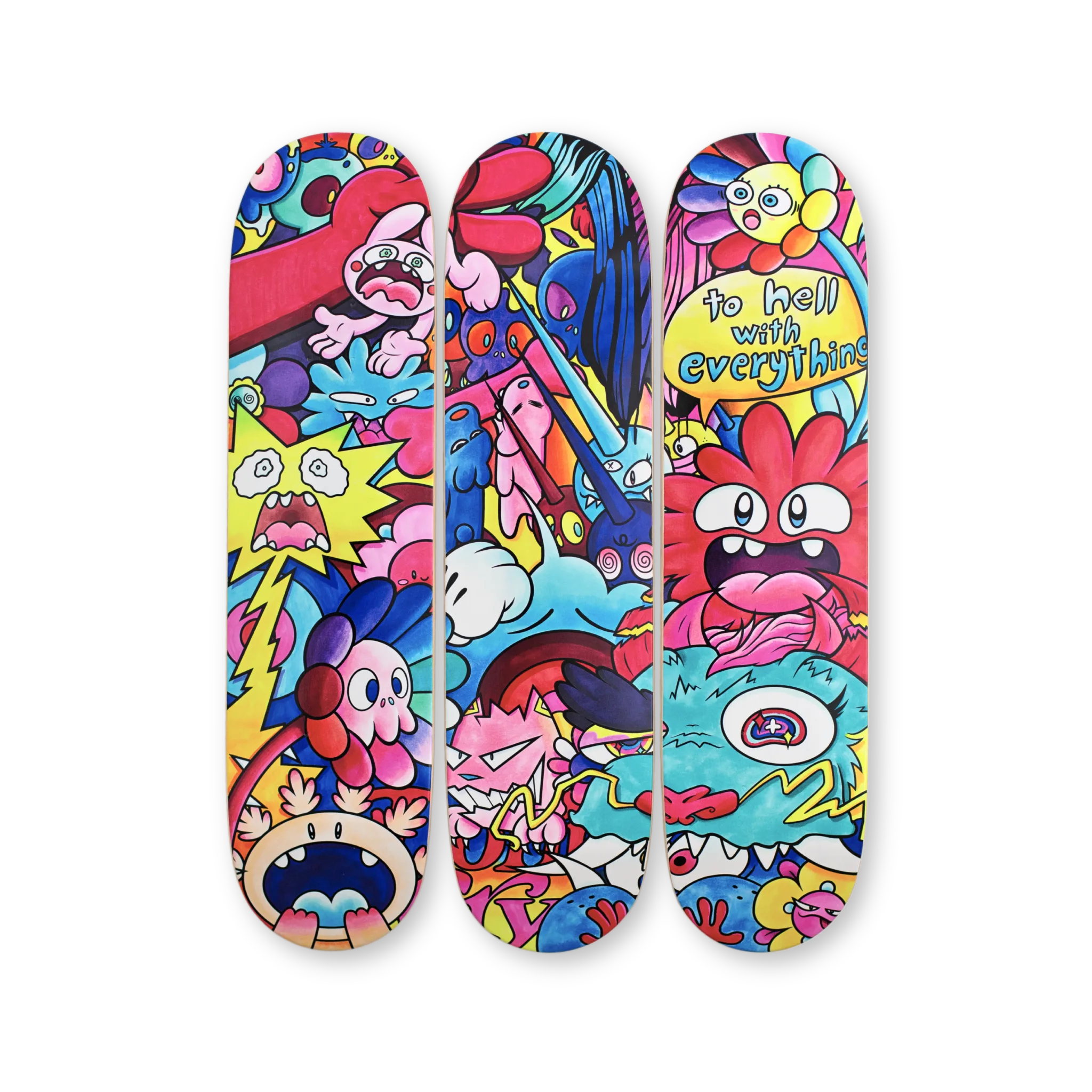 Front view of the VEXX ‘To Hell With Everything’ triptych skateboard deck set featuring a vibrant, cartoon-inspired artwork with expressive characters and bold colors.