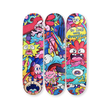 Front view of the VEXX ‘To Hell With Everything’ triptych skateboard deck set featuring a vibrant, cartoon-inspired artwork with expressive characters and bold colors.