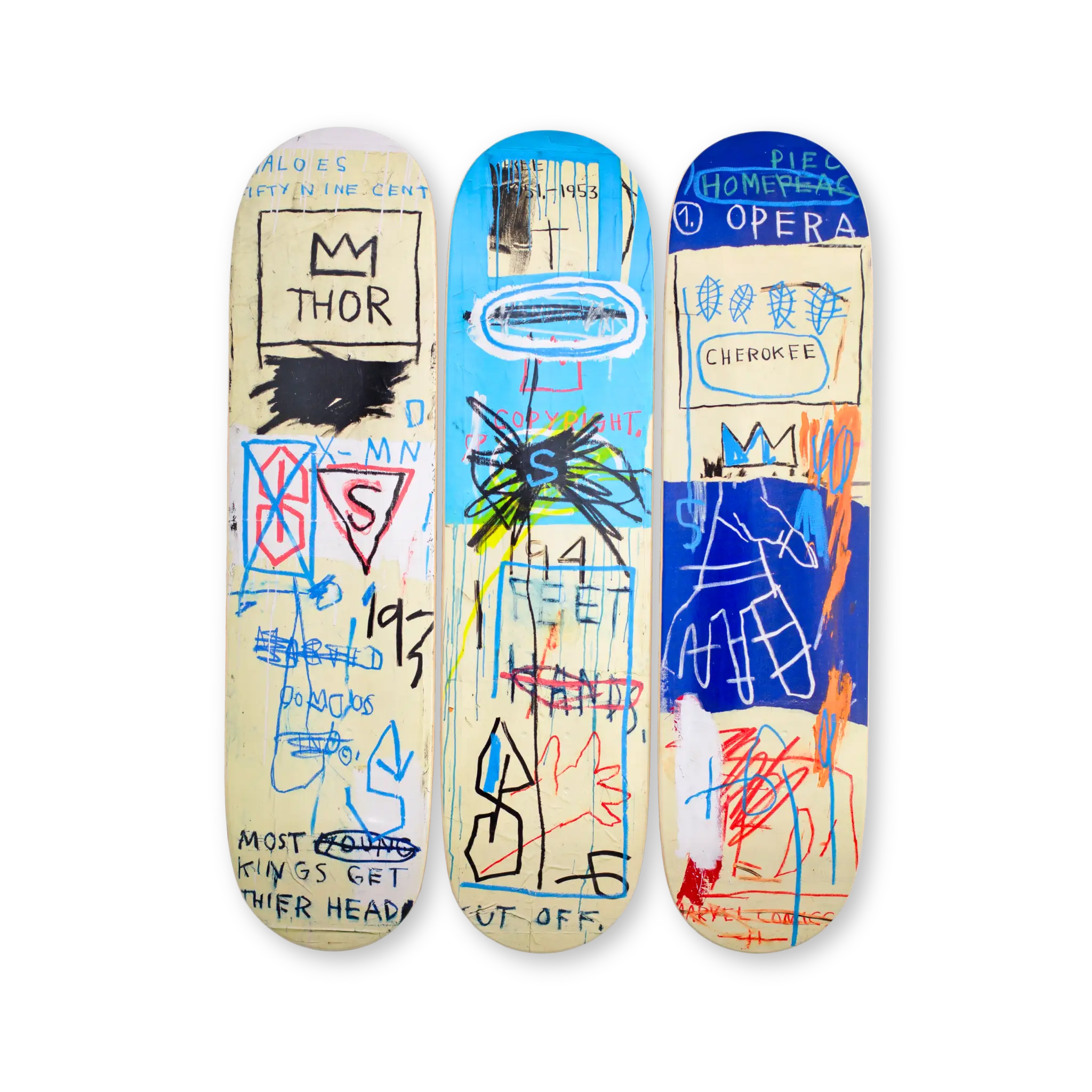 Triptych skateboard deck set featuring Jean-Michel Basquiat’s Charles the First, 1982 — iconic crown, bold text, and layered symbolism.