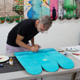 jules de balincourt painting his original artwork on skate decks for THE SKATEROOM