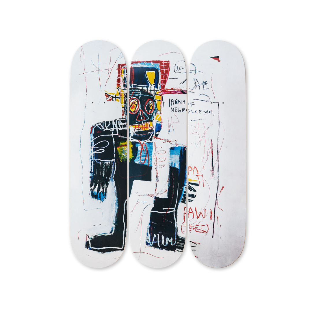 Jean-Michel Basquiat's Irony of a negro policeman skateboard art by the skateroom