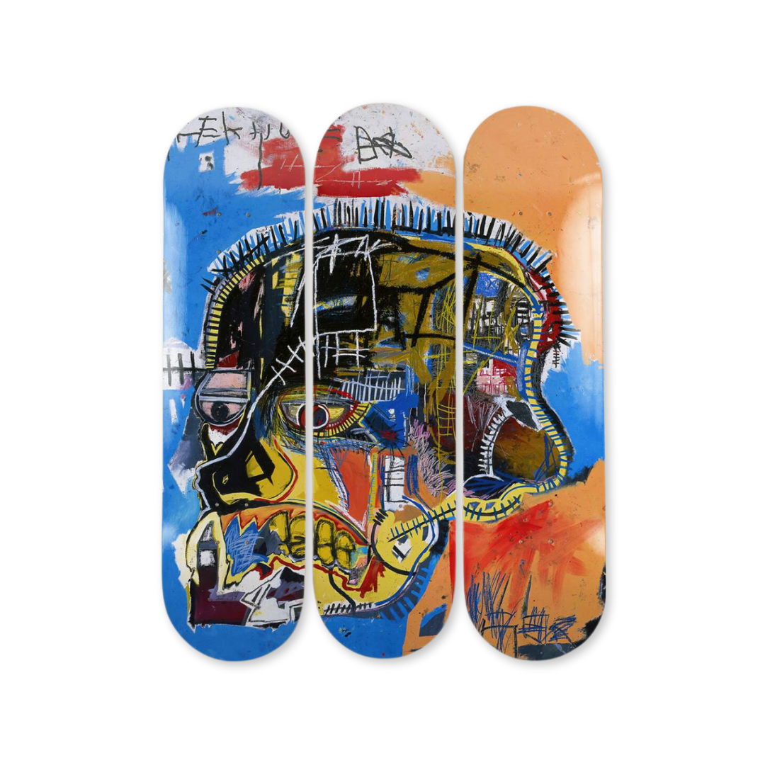 Jean-Michel Basquiat's Skull skateboard art by the skateroom