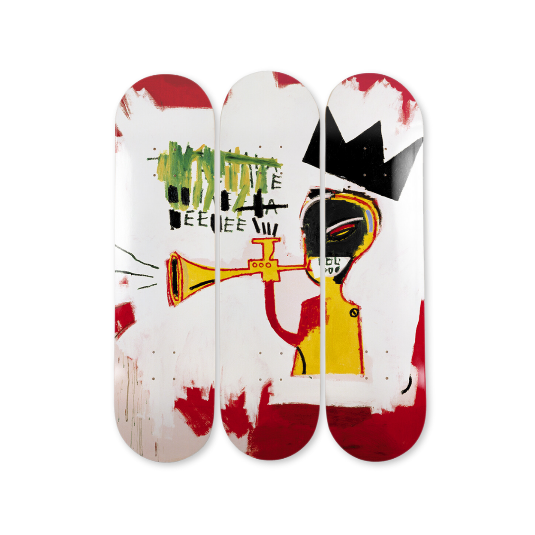 Jean-Michel Basquiat's Trumpet skateboard art by the skateroom