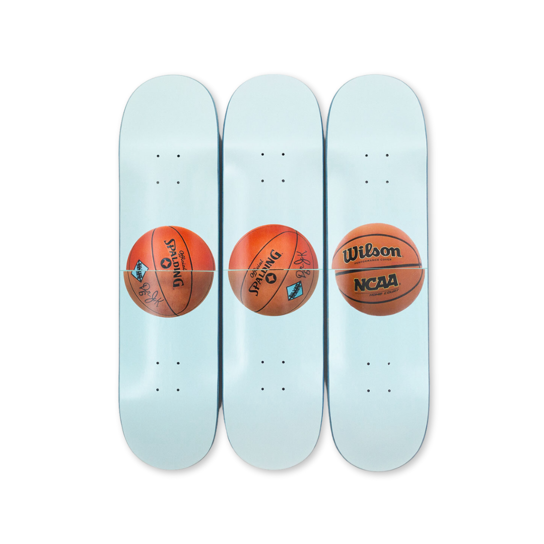 Jeff Koons' Three Ball 50/50 Tank (Two Spalding Dr. J Silver Series, Wilson Supershot) skateboard art by the skateroom