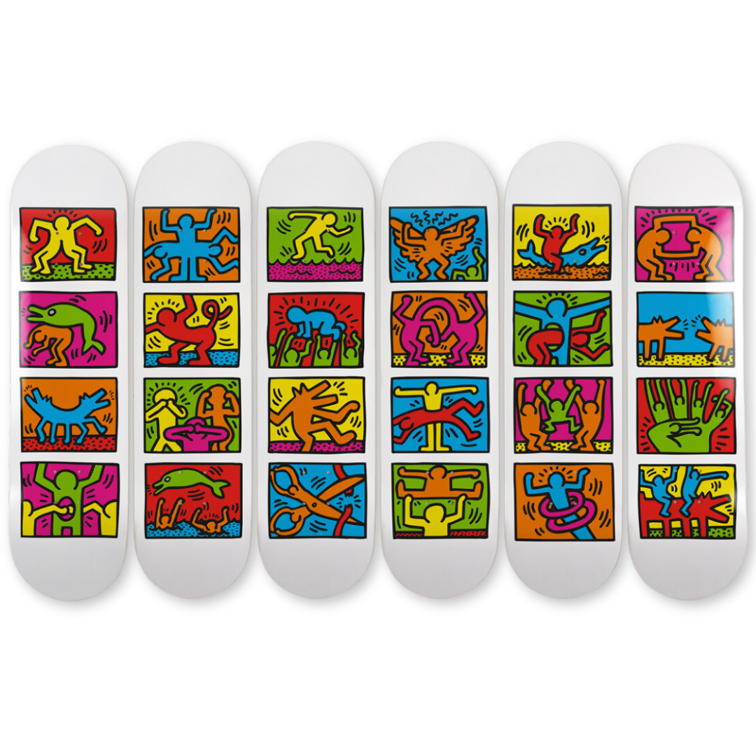 Keith Haring's Retrospect skateboard art by the skateroom