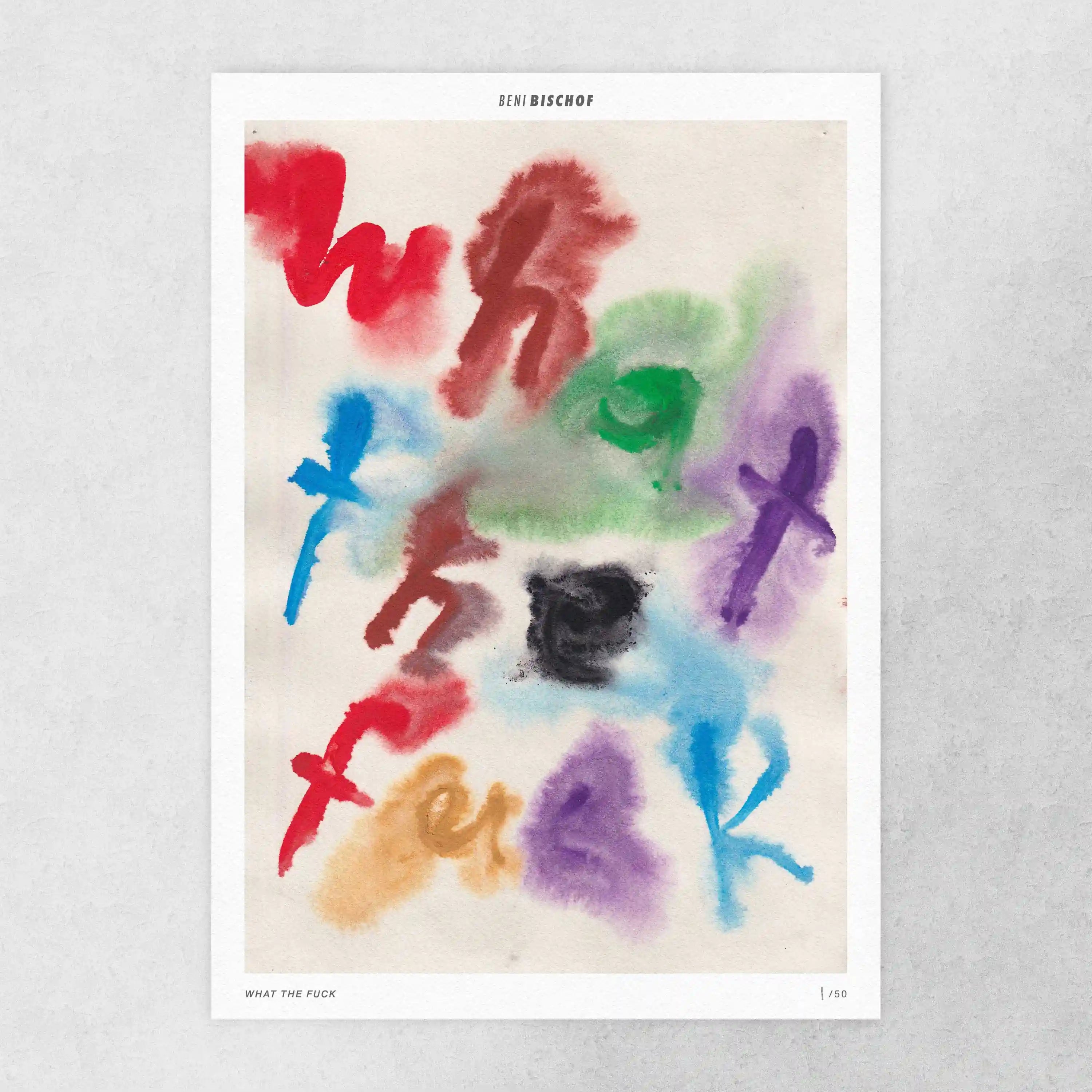 Beni Bischof What The Fuck print by The Skateroom, flat lay view showing full print on grey background