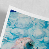 Close-up of turquoise clouds and a pale-haired figure on Little Thunder's Reality Dropout giclée print