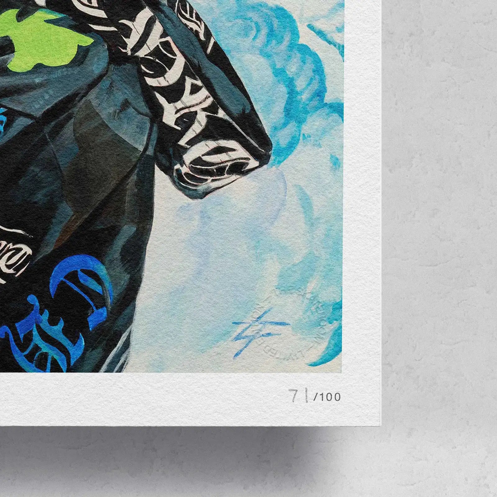 Corner detail of the Reality Dropout print by Little Thunder with artist mark and edition number /100