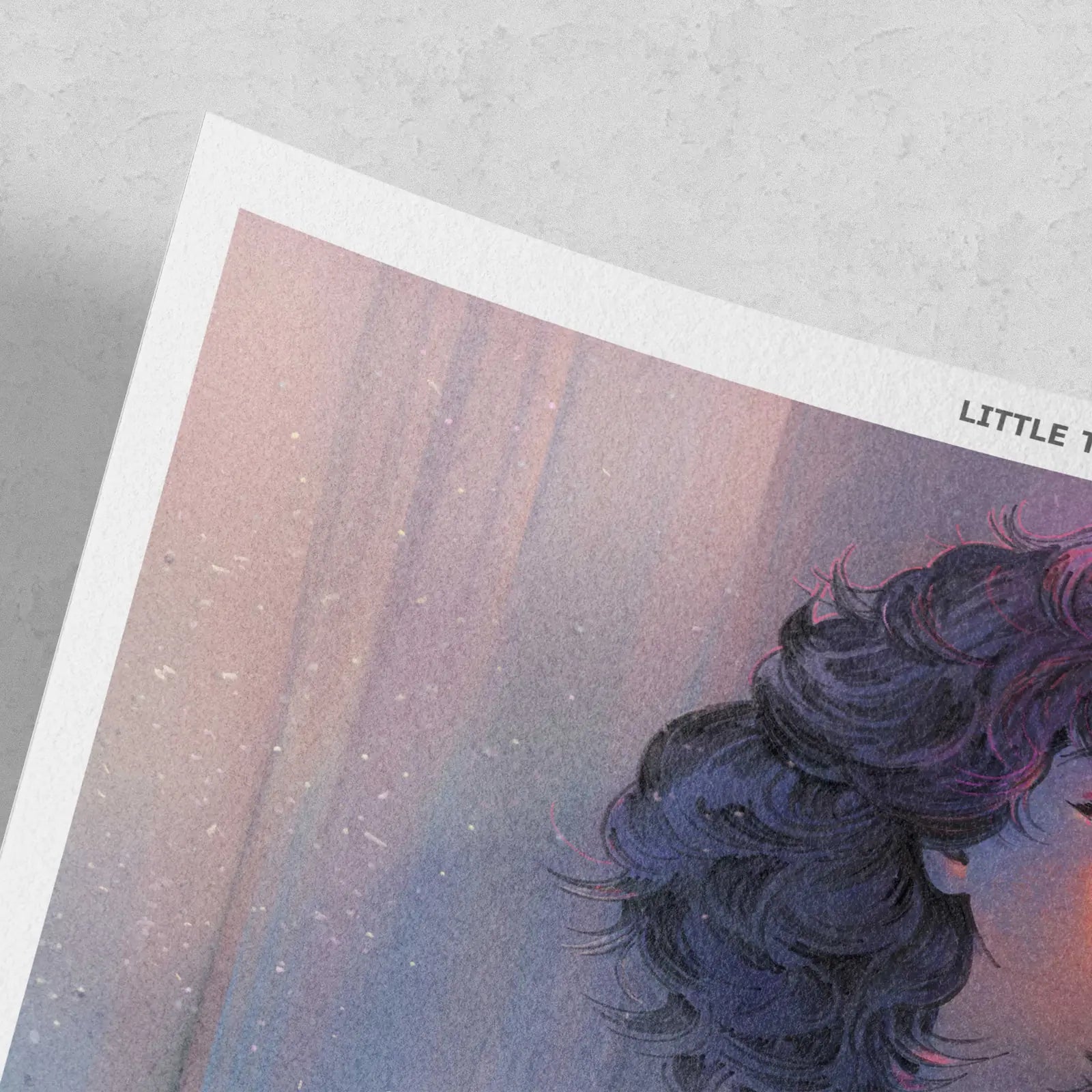 Close-up of delicate linework and curly hair on Little Thunder's Whirlwind print on textured fine art paper