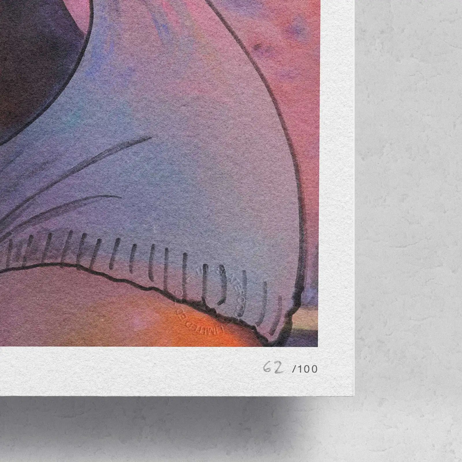 Corner detail of the Whirlwind giclée print by Little Thunder showing the hand-numbered edition /100