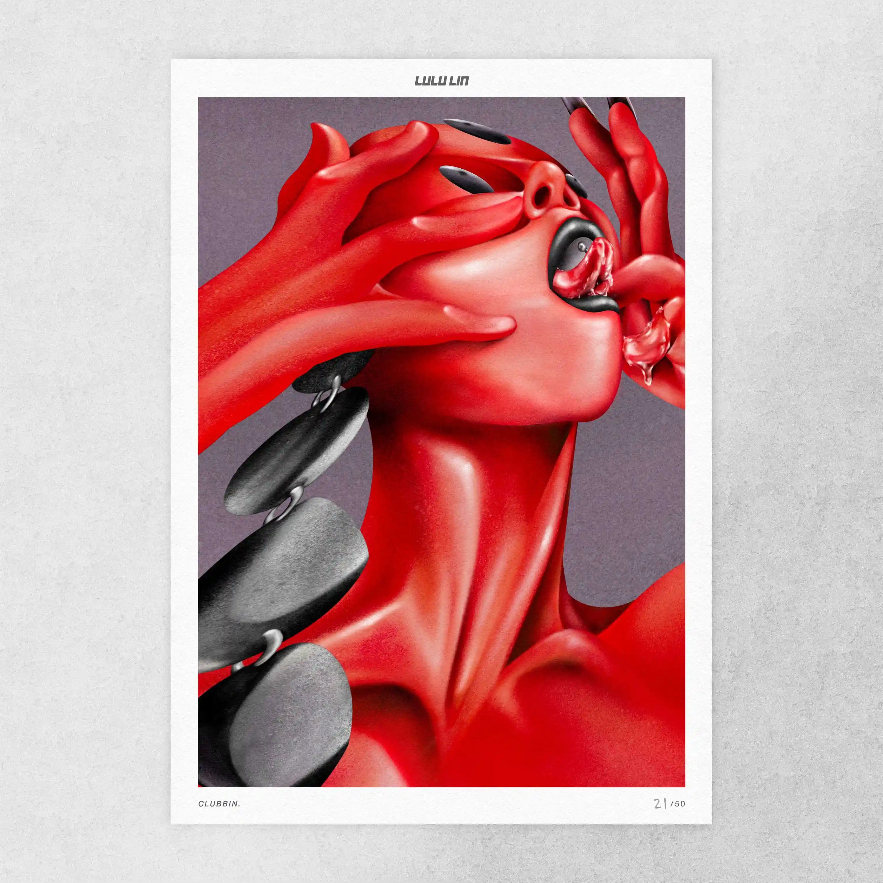 Lulu Lin Clubbin limited edition art print by The Skateroom, flat lay view showing full print on grey background
