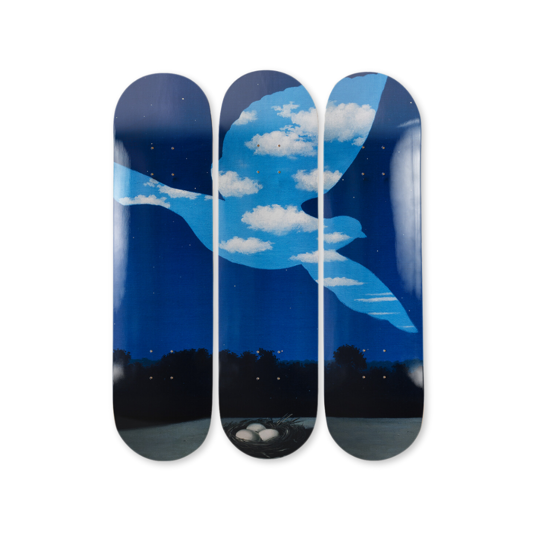 René Magritte's Le Retour skateboard art by the skateroom