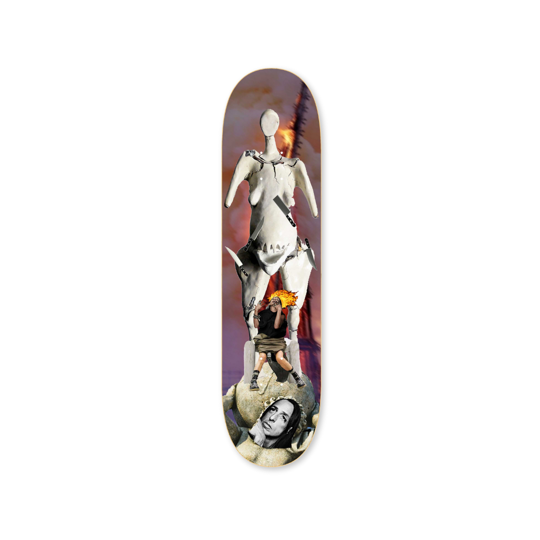 Scarlette Rouge's Our Lady on fire skateboard art by the skateroom