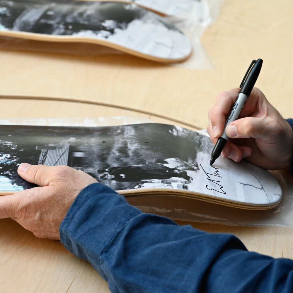 Ed Templeton signing his THE SKATEROOM limited We Thrive in the Wastelands, Norco skate art editions