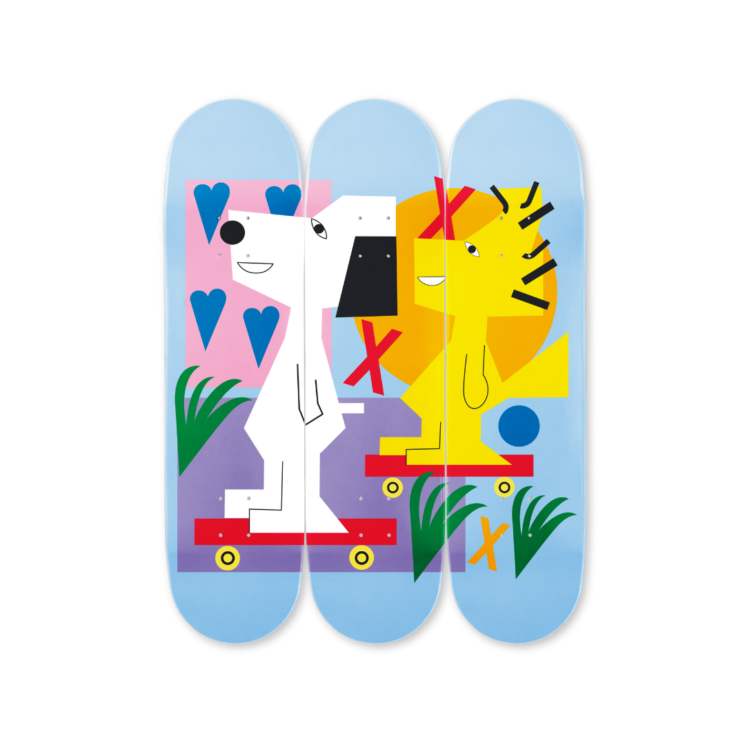 The Peanuts Global Artist Collective Triptych by Nina Chanel Abney skateboard art by the skateroom