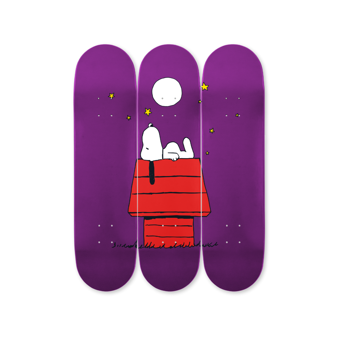 The Peanuts Global Artist Collective Tryptich by Rob Pruitt skateboard art by the skateroom