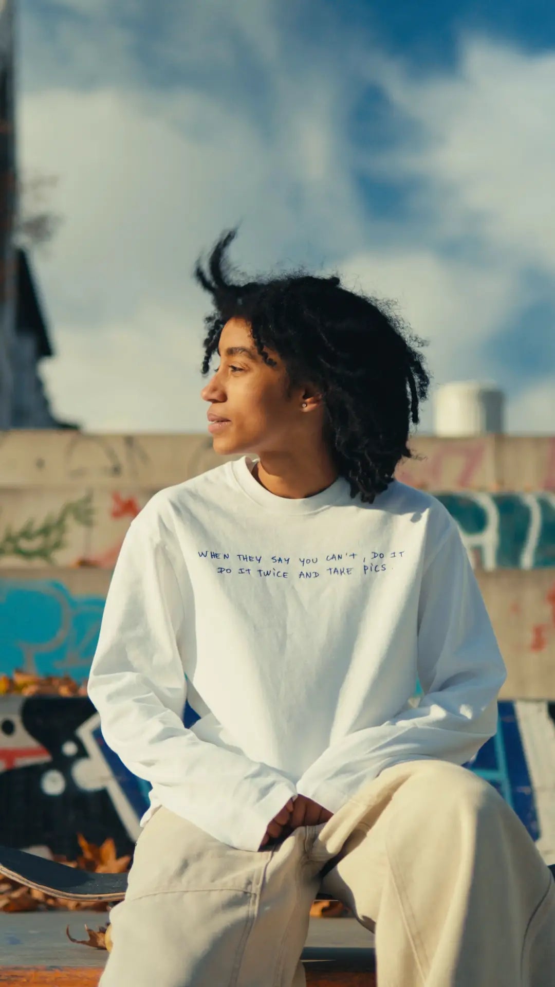 Model wearing the Thomas Lélu x THE SKATEROOM long sleeve t-shirt.