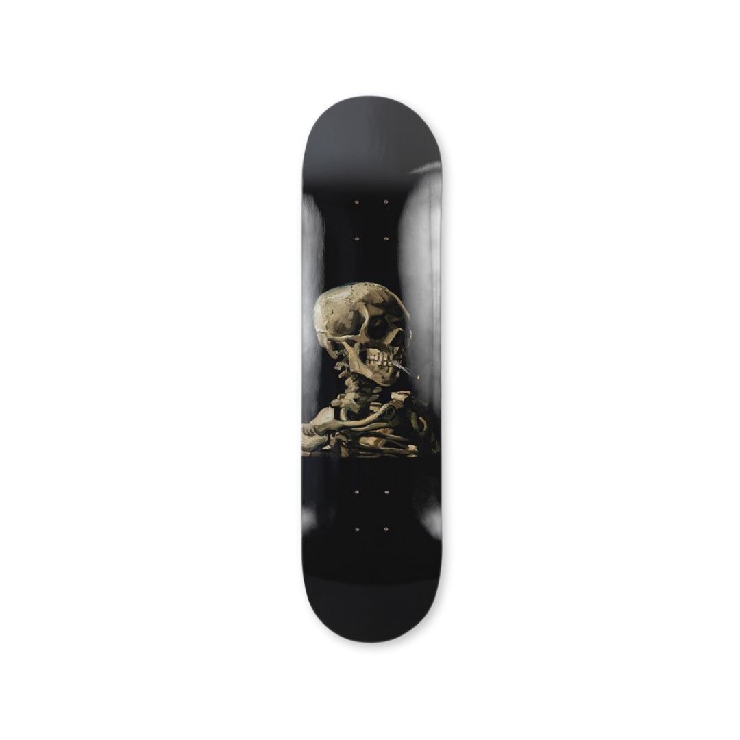 Vincent Van Gogh's Skull of a skeleton with burning cigarette skateboard art by the skateroom