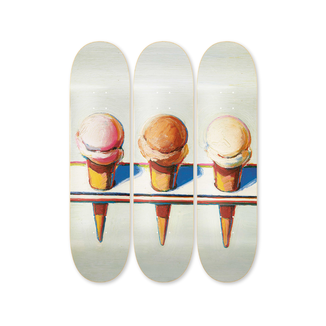 Wayne Thiebaud's Three Cones skateboard art by the skateroom