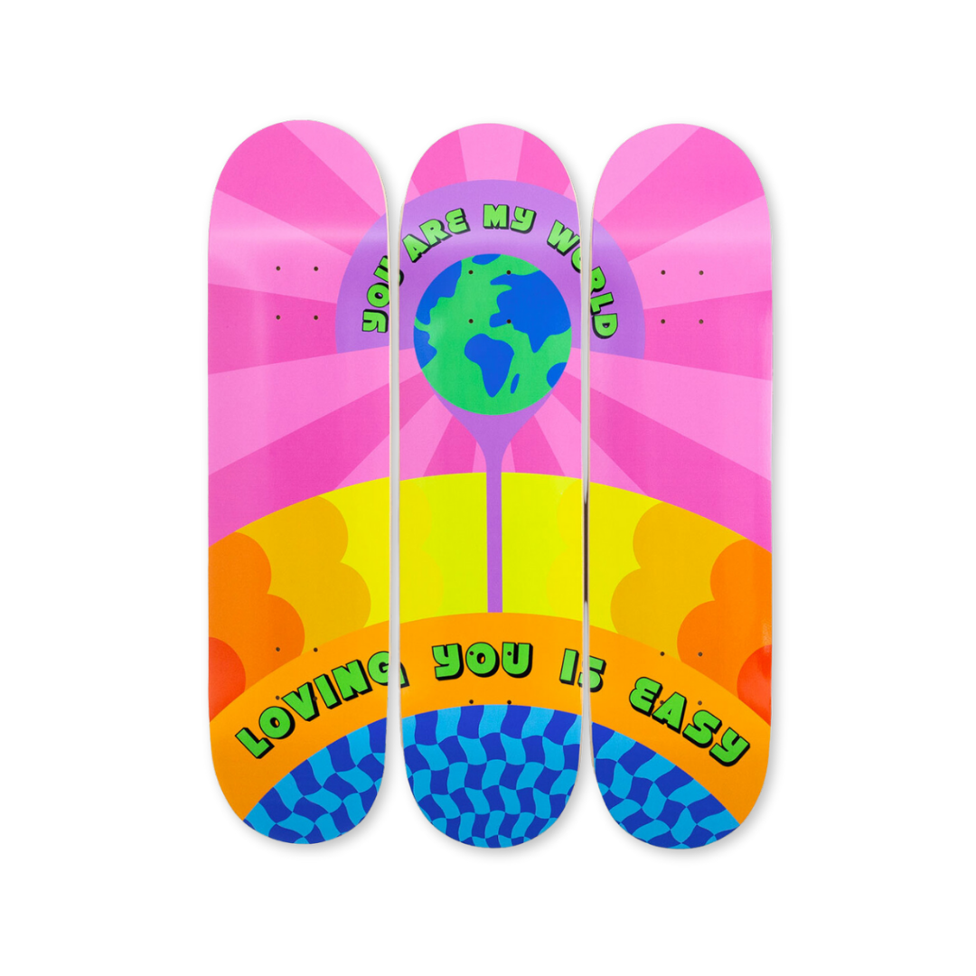 Yinka Ilori's Tryptich You are my world Loving you is easy skateboard art by the skateroom