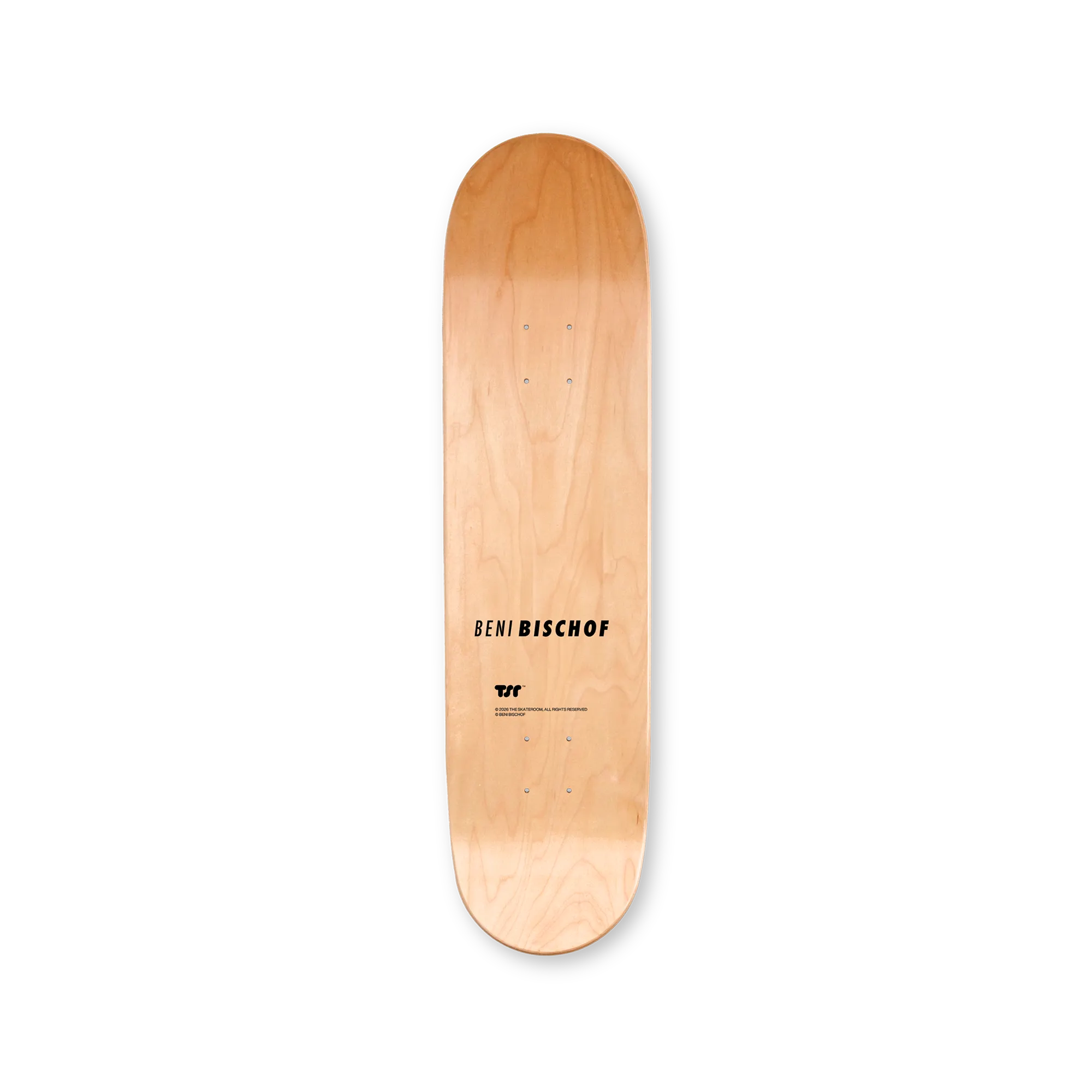 Beni Bischof art skateboard by The Skateroom, top print packshot showing natural wood finish with artist signature