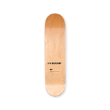 Beni Bischof art skateboard by The Skateroom, top print packshot showing natural wood finish with artist signature
