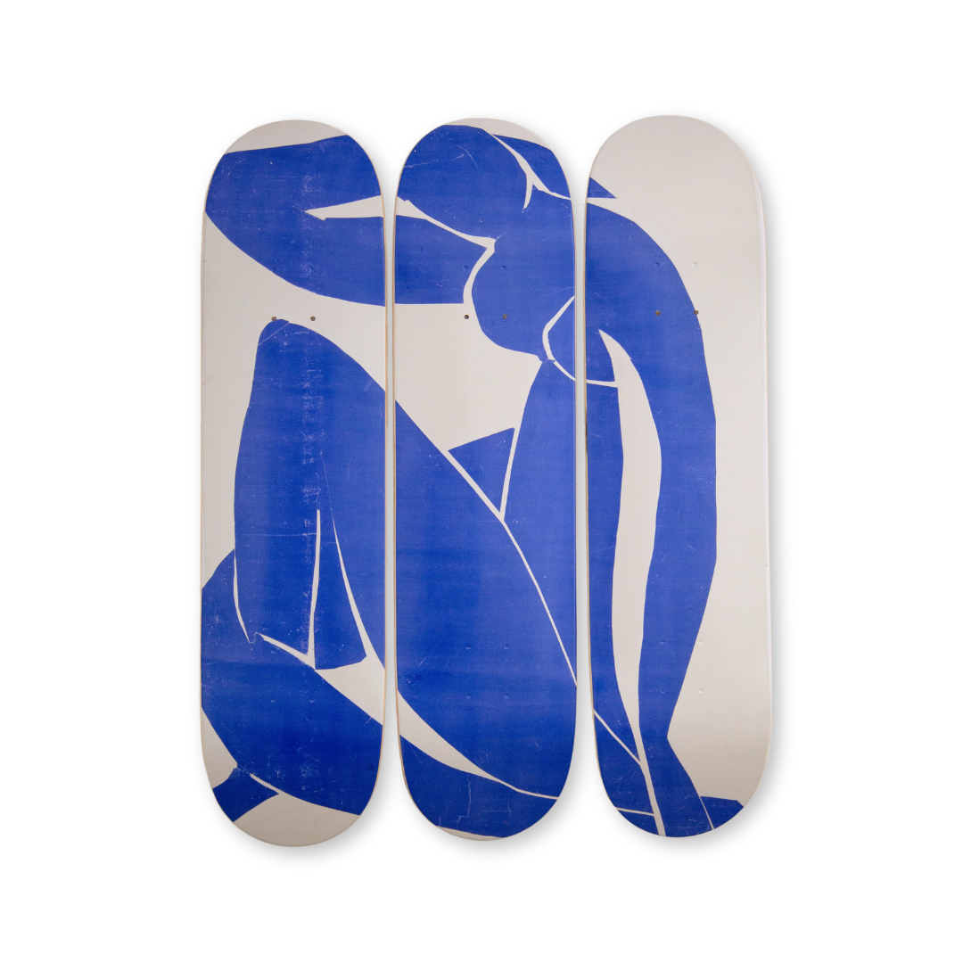 Henri Matisse 'Blue Nude' triptych skateboard deck set, featuring an iconic cut-out design in bold blue hues. Part of THE SKATEROOM's Classics collection.