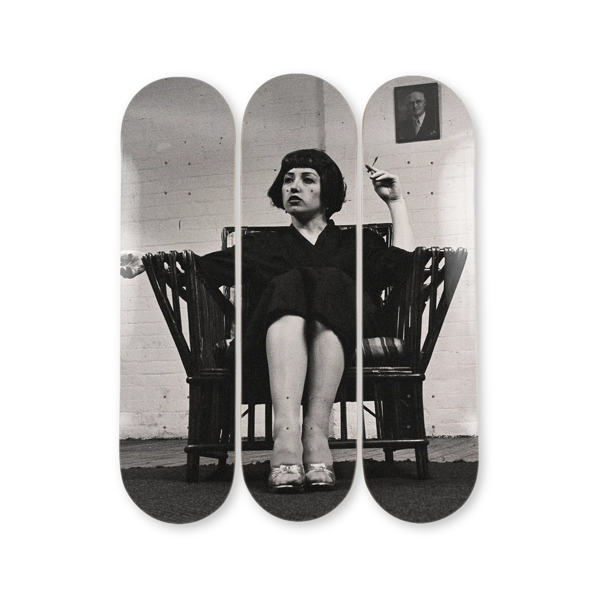 Cindy Sherman Untitled Film Still #16 limited edition triptych skate decks by The Skateroom, packshot on transparent background
