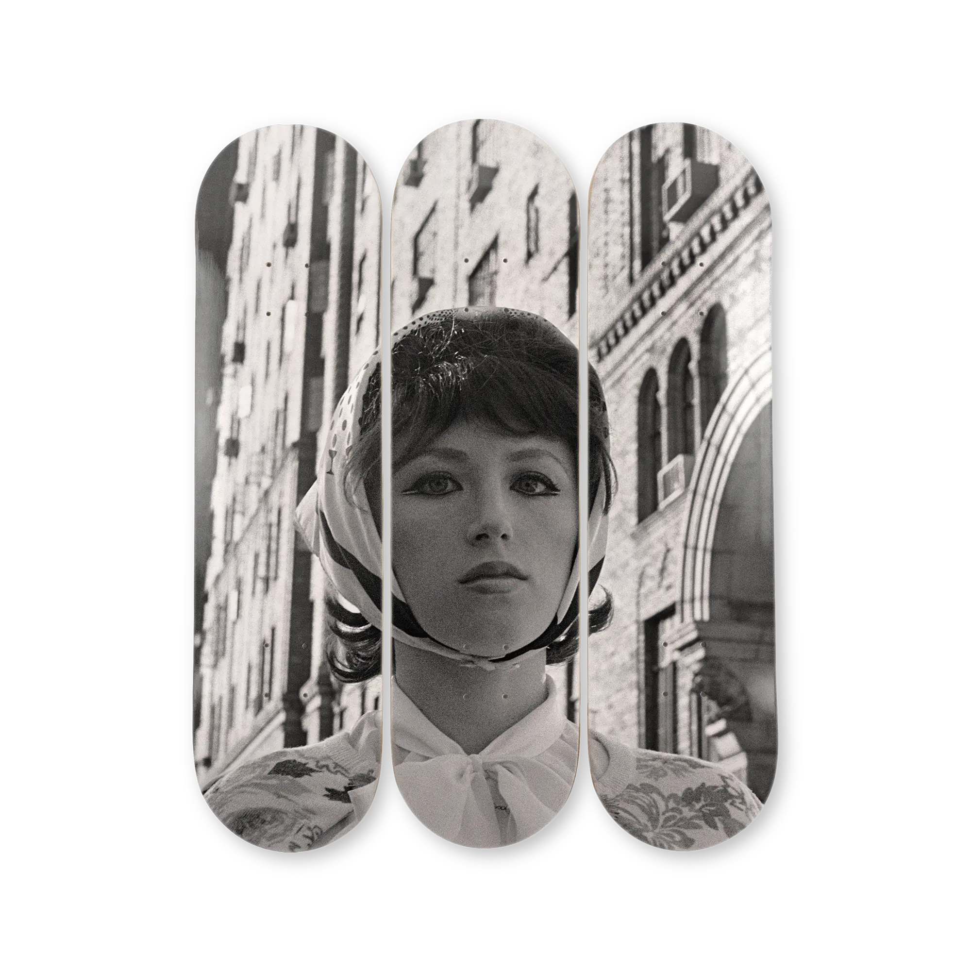 Cindy Sherman Untitled Film Still #17 limited edition triptych skate decks by The Skateroom, packshot on transparent background