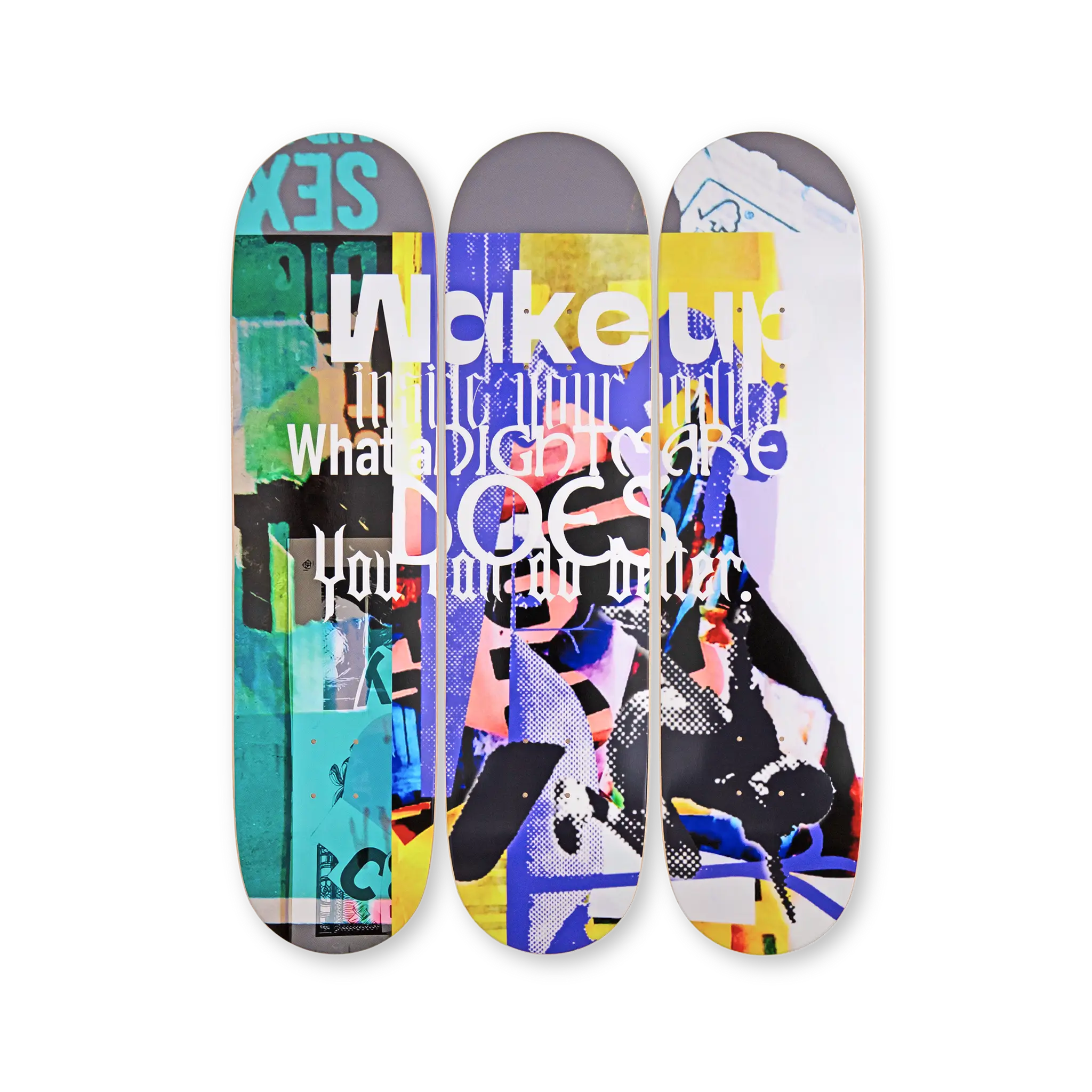 Three colorful skateboard decks art by David Carson, collectible edition perfect to hang on a wall.