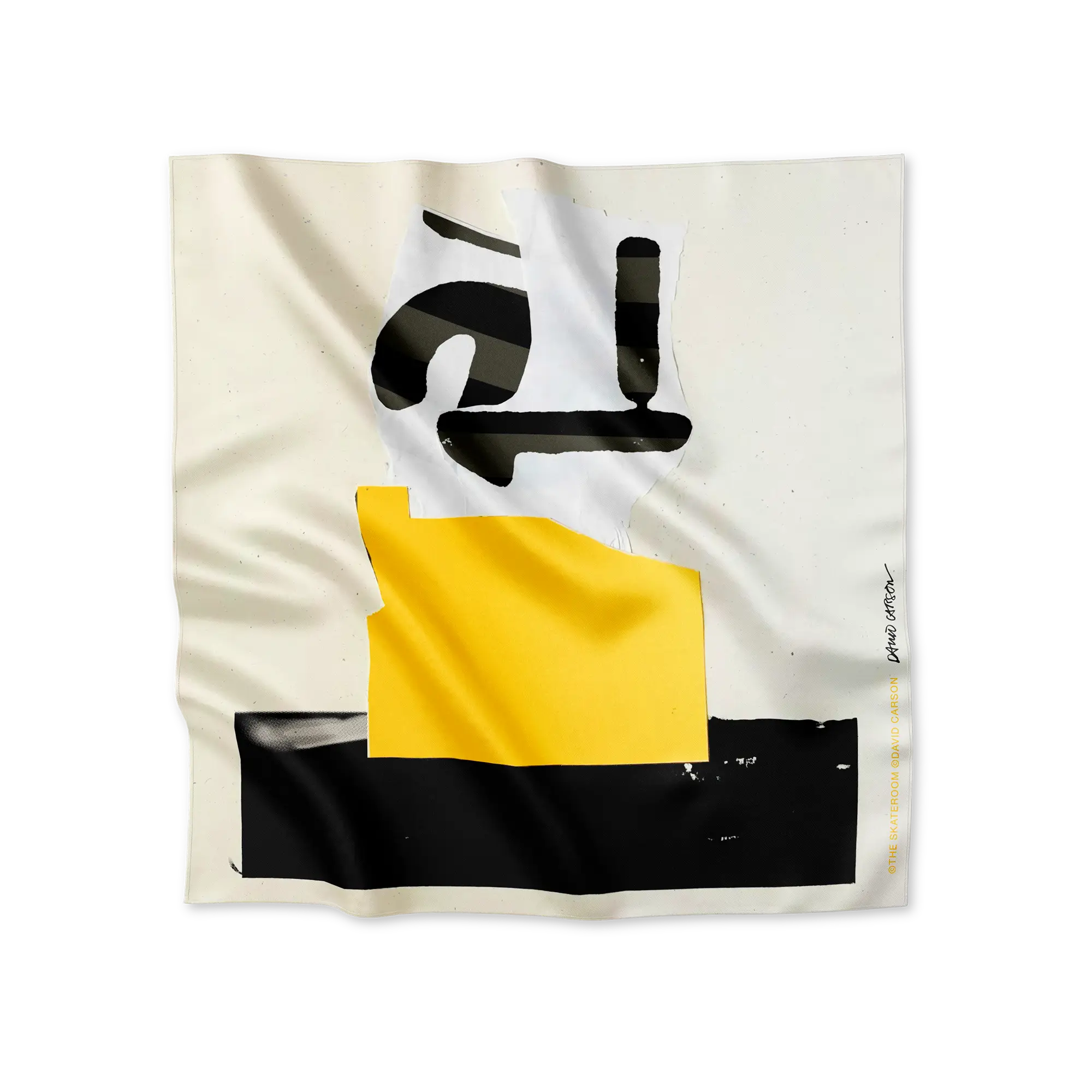 White, yellow and black artwork by american artist David Carson, printed on a silk scarf bandana, perfect to wear or frame. Gift for art and design lovers.
