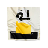 White, yellow and black artwork by american artist David Carson, printed on a silk scarf bandana, perfect to wear or frame. Gift for art and design lovers.