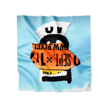 Orange and blue artwork by David Carson, printed on a silk scarf bandana, perfect to wear or frame.