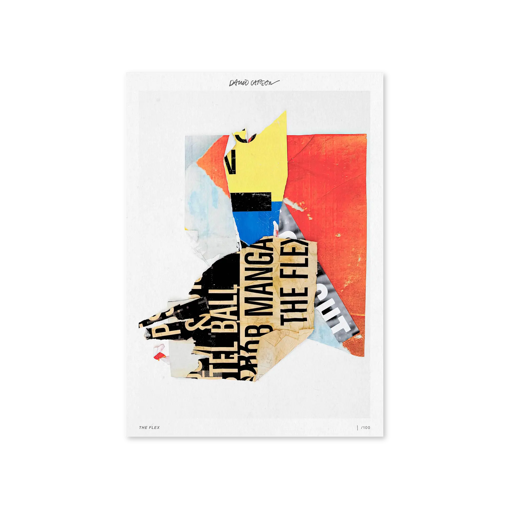 Colorful abstract art print with text on a white background, artwork by american artist david carson.