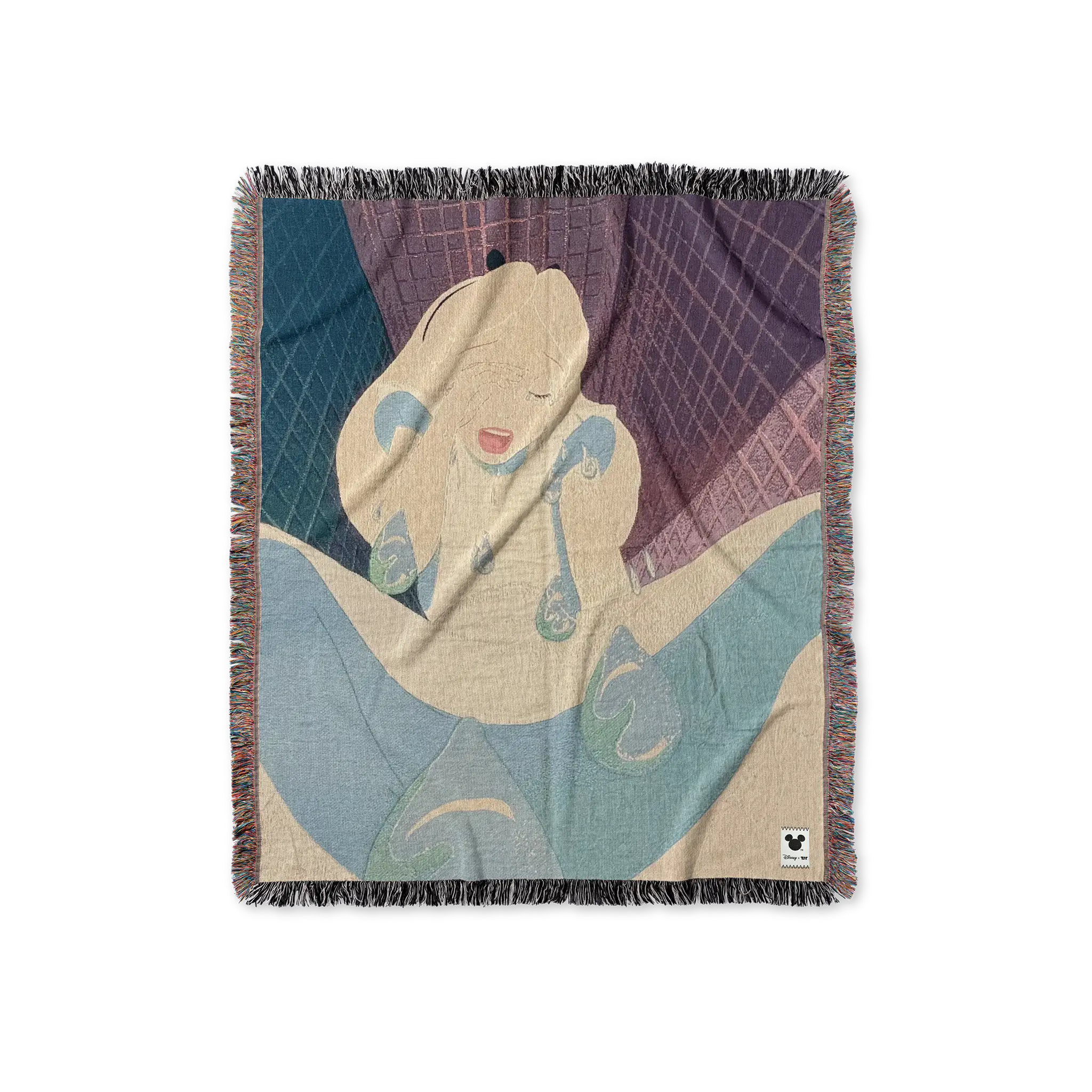 Alice in Wonderland woven blanket featuring a dreamy abstract Disney art scene with pastel colors and fringe edges — home décor.