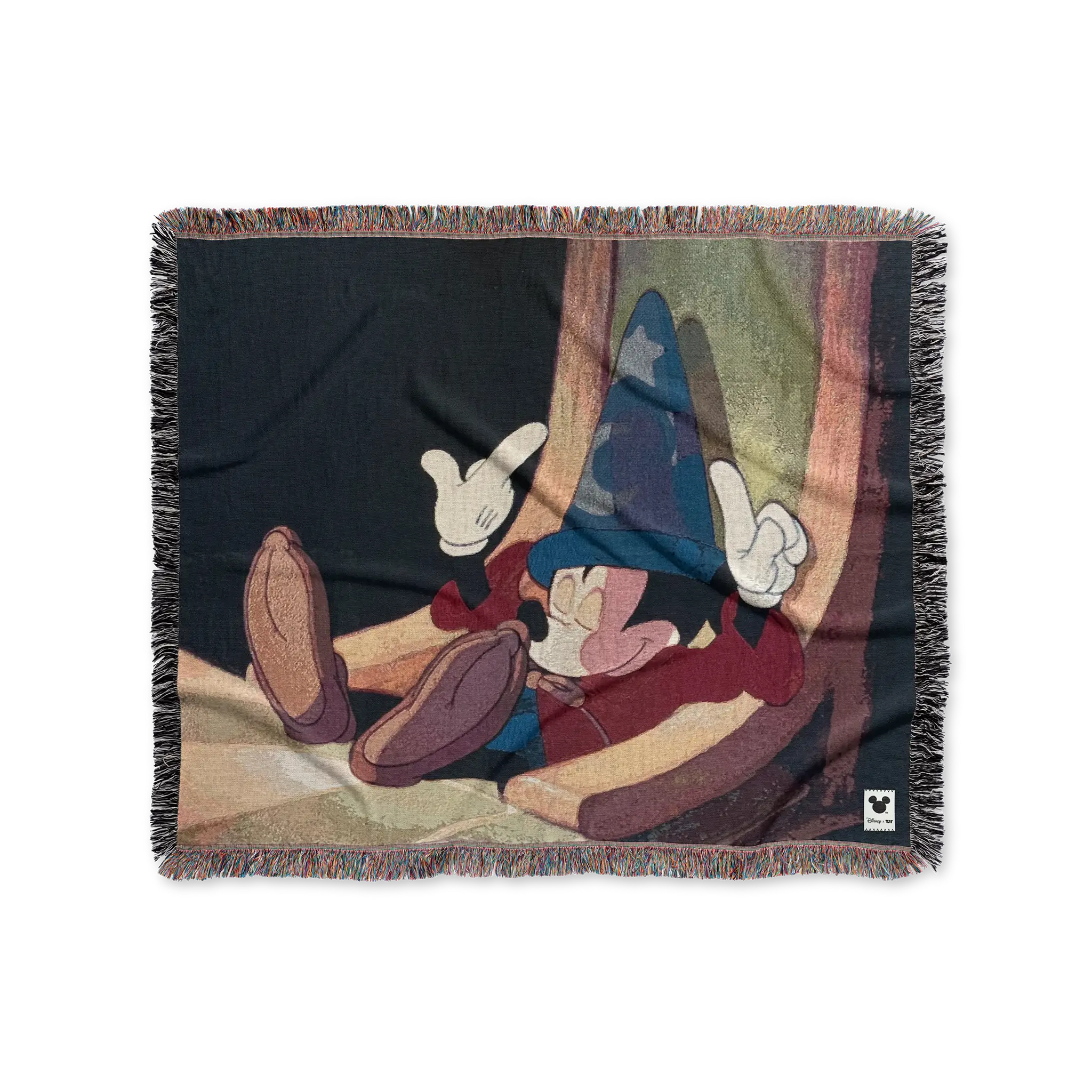 Mickey Mouse Fantasia woven blanket featuring a dreamy abstract Disney art scene with pastel colors and fringe edges — home décor.