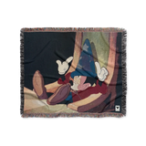 Mickey Mouse Fantasia woven blanket featuring a dreamy abstract Disney art scene with pastel colors and fringe edges — home décor.