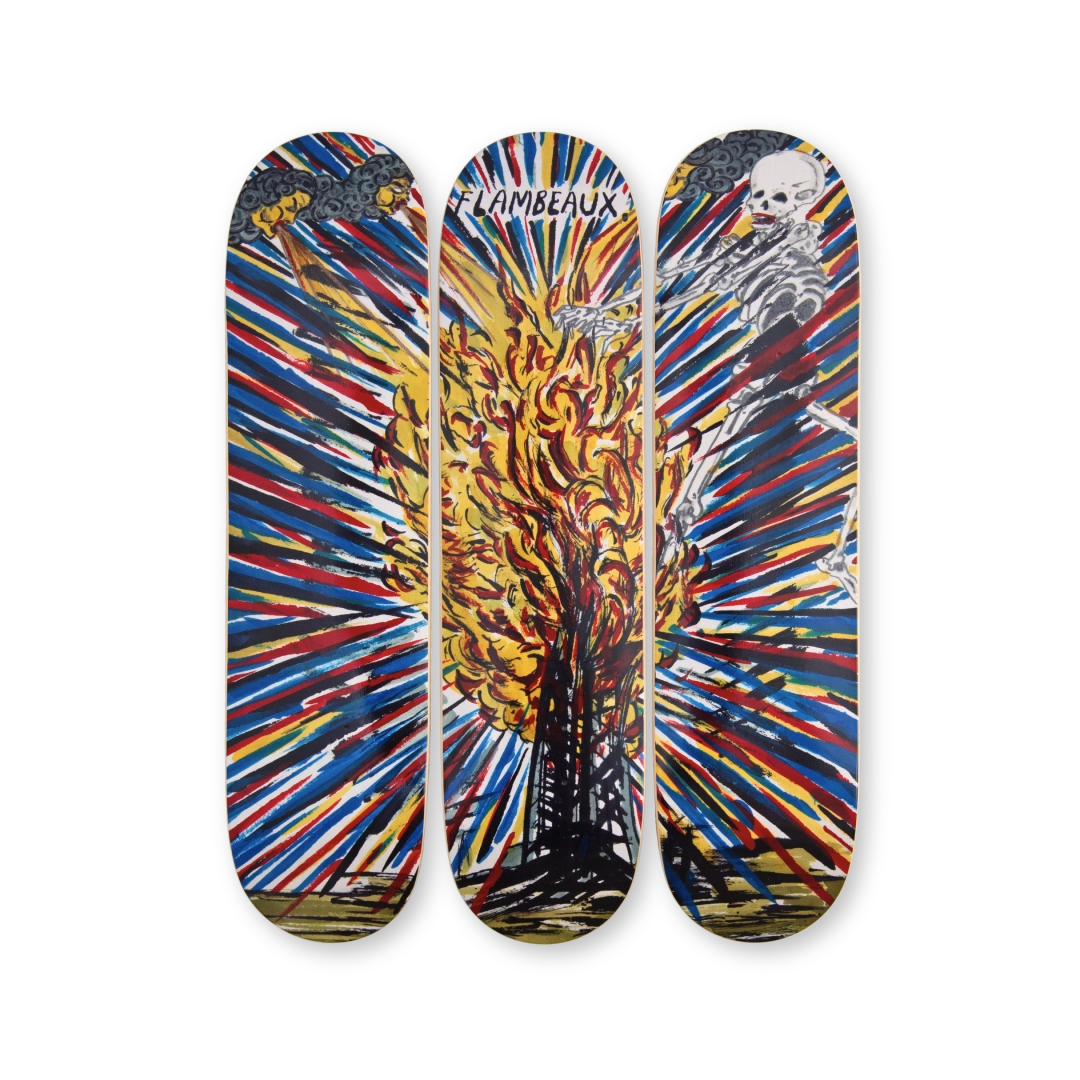 Limited-edition triptych skateboard deck featuring 'Flambeaux' by Raymond Pettibon and Marcel Dzama. The artwork explodes with vivid energy, depicting a towering blaze at the center, surrounded by bold, radiating streaks of red, blue, and yellow. A skeletal figure dances in the flames, while dark clouds and lightning loom above. Part of THE SKATEROOM’s exclusive collaboration with the artists.