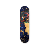 Limited-edition skateboard deck featuring 'It Takes a Lot O Medicine,' a collaborative artwork by Raymond Pettibon and Marcel Dzama. The design showcases a surreal portrait of Bob Dylan with swirling, colorful hair set against a cosmic night sky. Part of THE SKATEROOM's exclusive collection, available in a limited edition of 100.