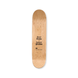 Back of a limited-edition skateboard deck from THE SKATEROOM, featuring the collaborative work of Marcel Dzama and Raymond Pettibon. The natural wood grain is visible, with the artists' names printed in a gothic-style black font. Below, THE SKATEROOM’s logo and edition details are subtly engraved, marking this as a collectible art piece.