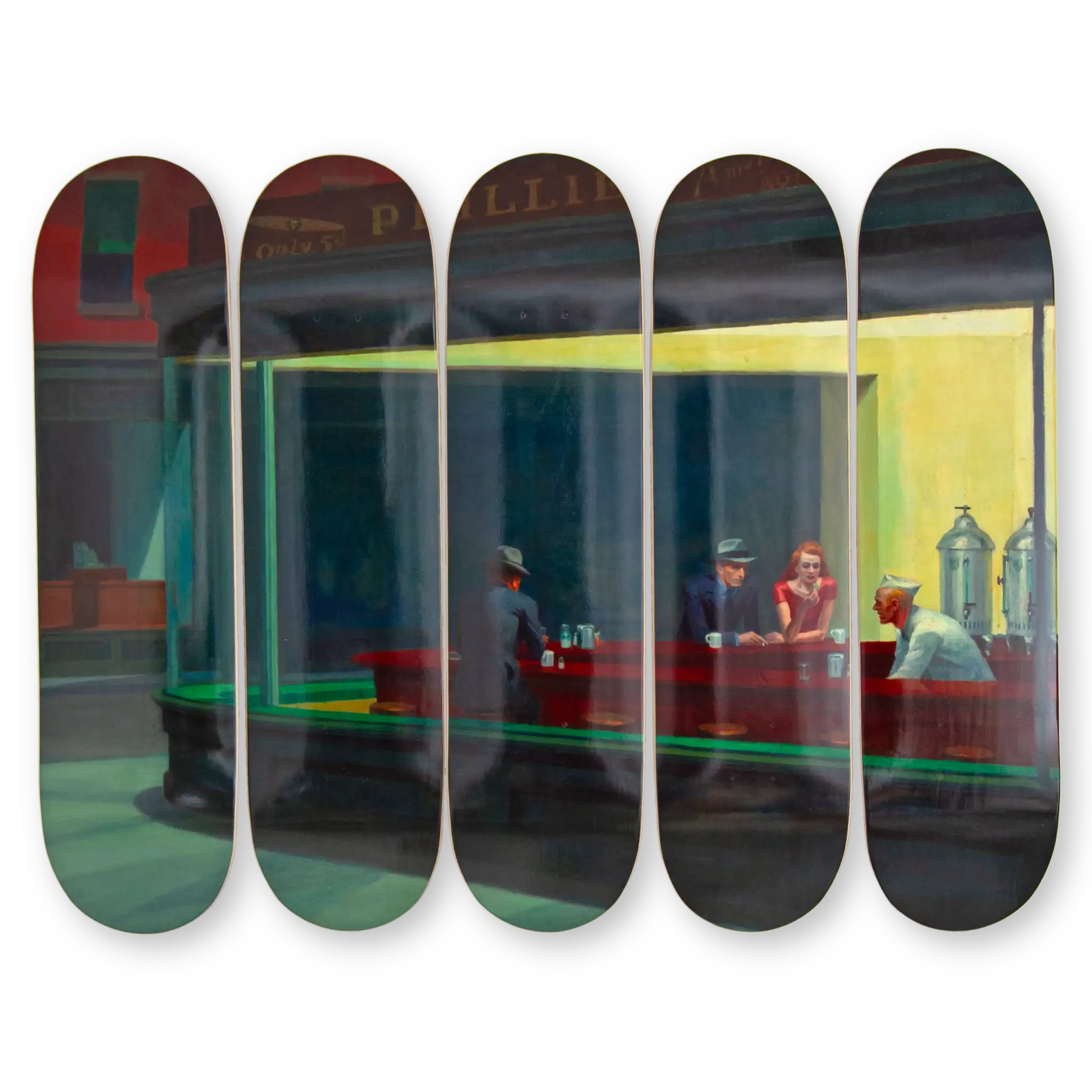 Set of five skateboard decks with a depiction of the famous Nighthawks painting by Edward Hopper.